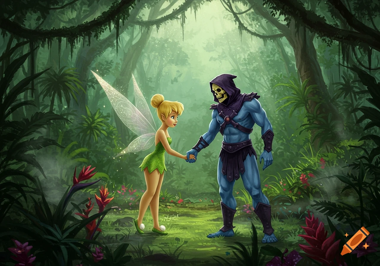 Tinker Bell and Skeletor hold hands in a lush, vibrant rainforest, depicted in a cartoonish style.