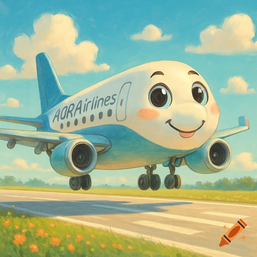 A cute cartoon airplane with big eyes and a smile landing on a runway under a blue sky with clouds.