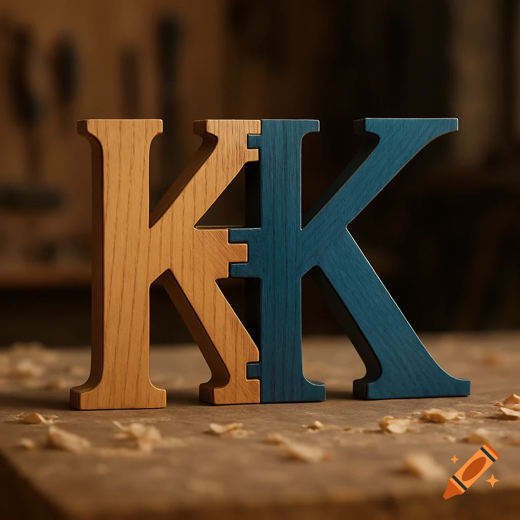 Two wooden capital K letters, one natural wood and one blue, joined by a dovetail joint on a wooden surface with shavings.