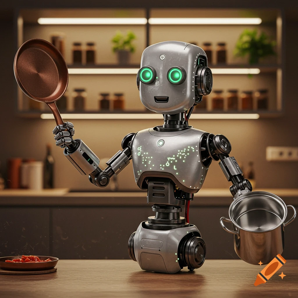 A detailed grey robot with glowing green eyes holds a frying pan and a cooking pot in a modern kitchen.