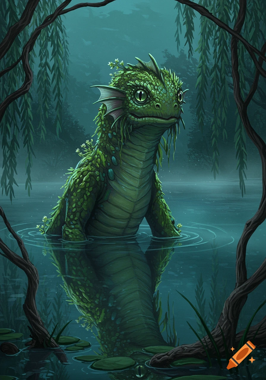 A cute, green, scaly pond monster with large eyes peeks out of dark water, surrounded by willow branches and lily pads, in a fantasy illustration.