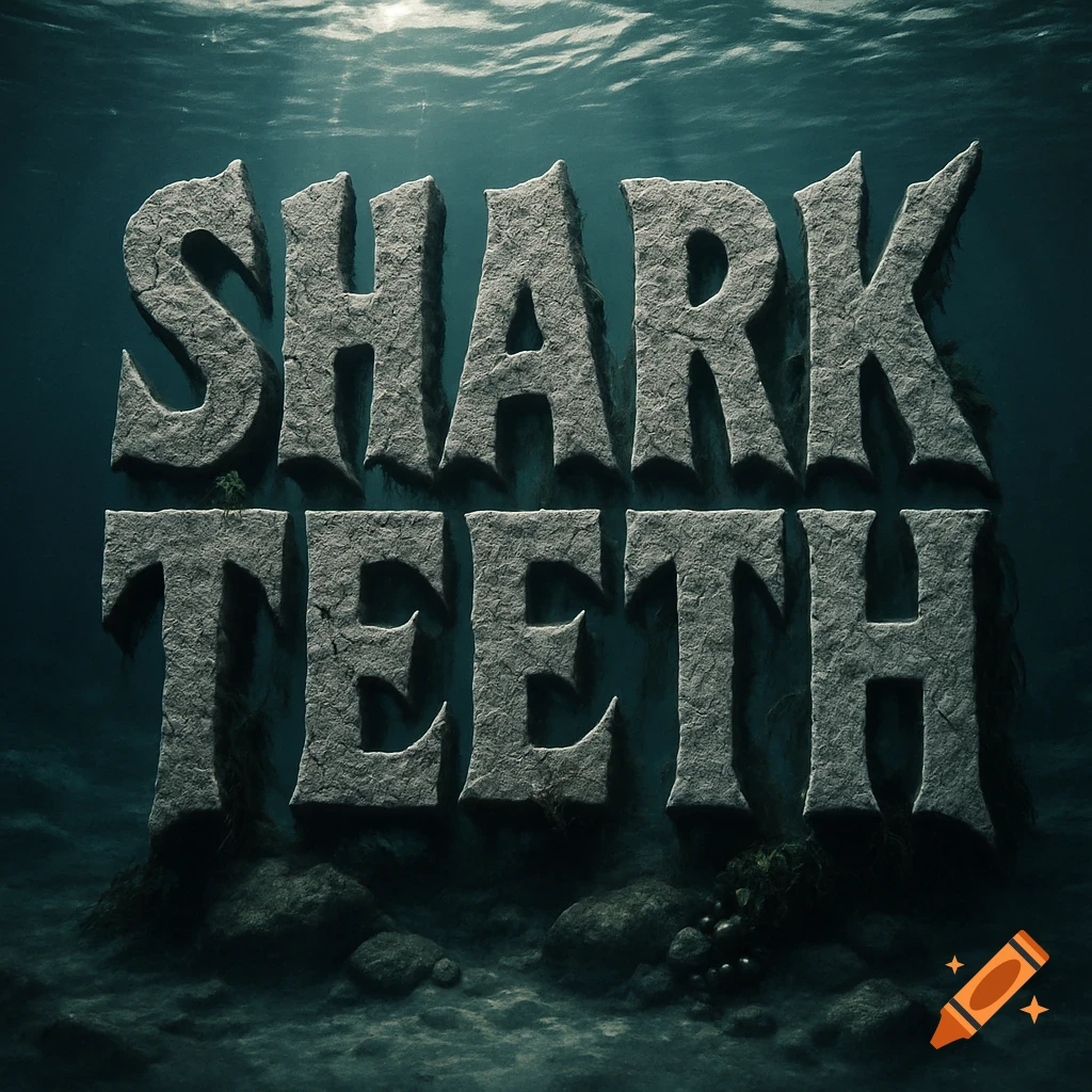 The words SHARK TEETH rendered as textured, grey rocks resting on the seafloor with light filtering down from the water's surface.