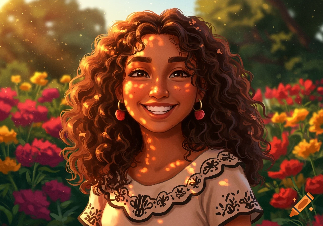 Smiling young Latina woman with curly brown hair in a flower field with dappled sunlight, illustrated style.