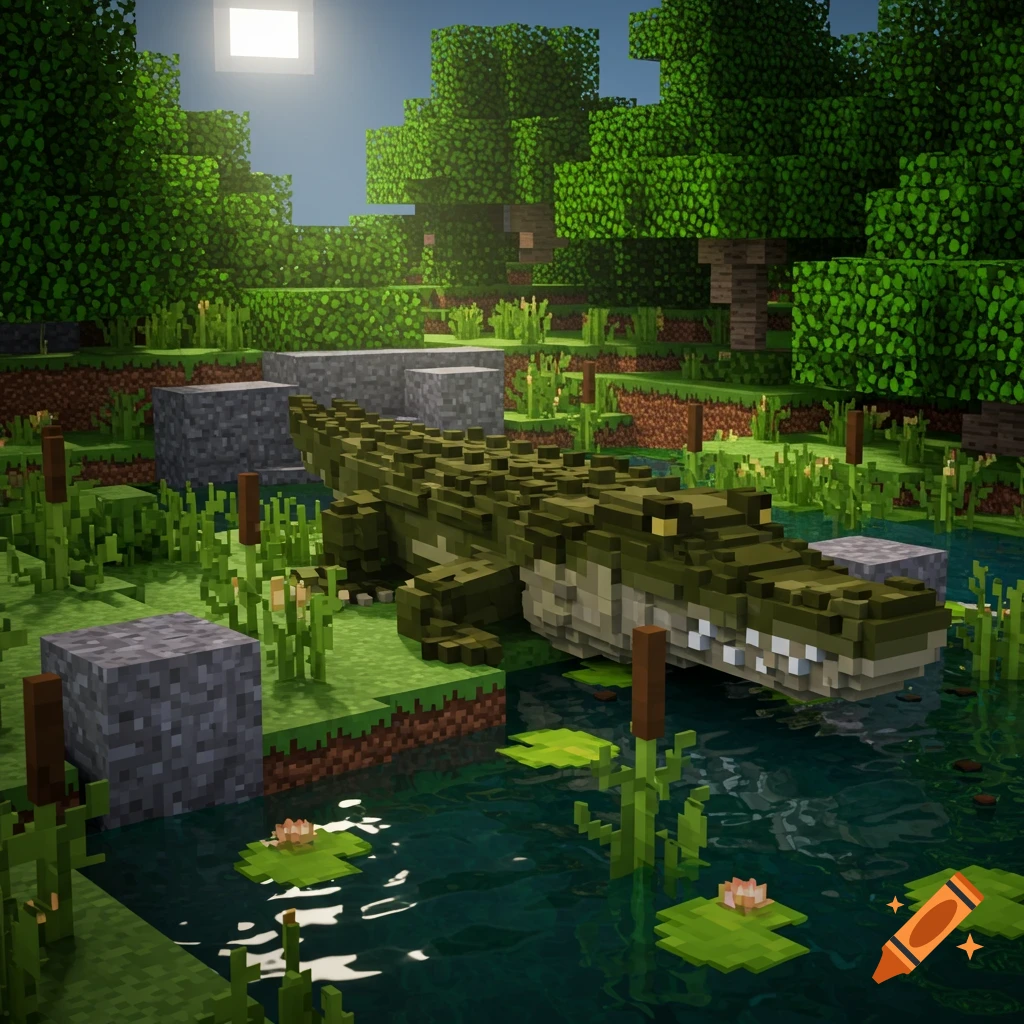 A blocky alligator in a Minecraft-style swamp, partially submerged in dark water with lily pads, surrounded by green trees under a bright sun.
