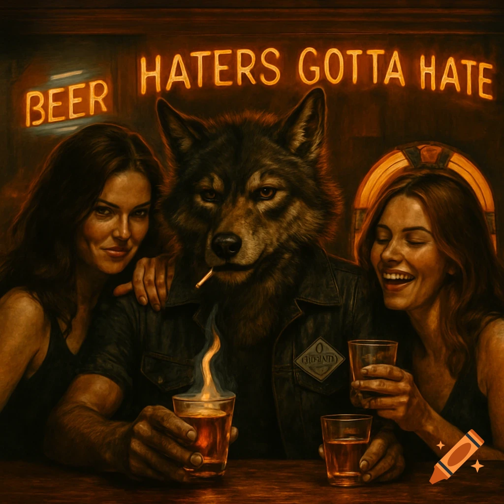 A wolf-man in a leather vest with a cigarette, holding a flaming drink in a dimly lit bar, flanked by two women. Neon signs read "BEER" and "HATERS GOTTA HATE". Moody, retro rock album cover style.