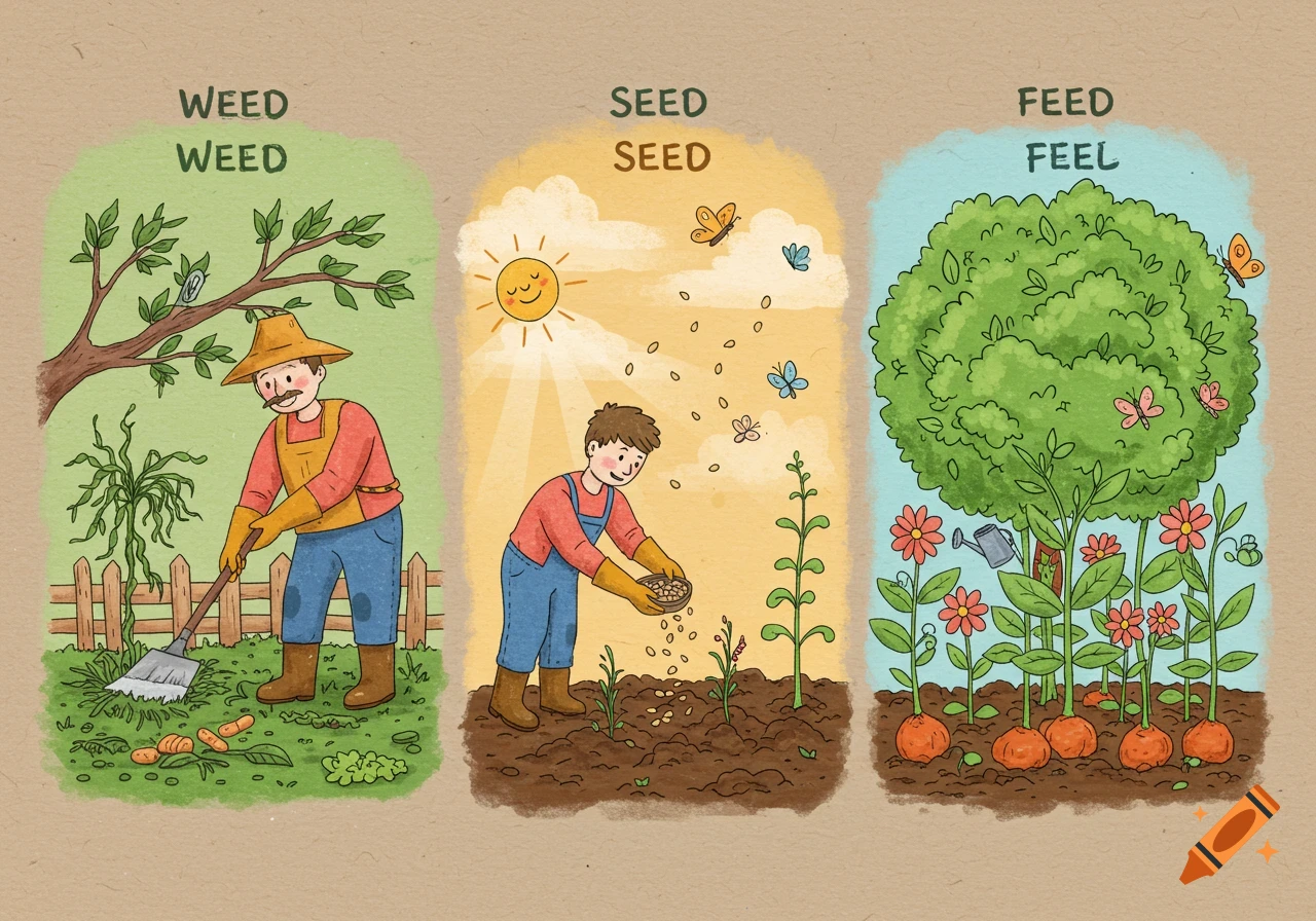 Cartoon illustration of gardening stages: a man weeding, a man planting seeds, and a vibrant garden with crops, in a watercolor style.