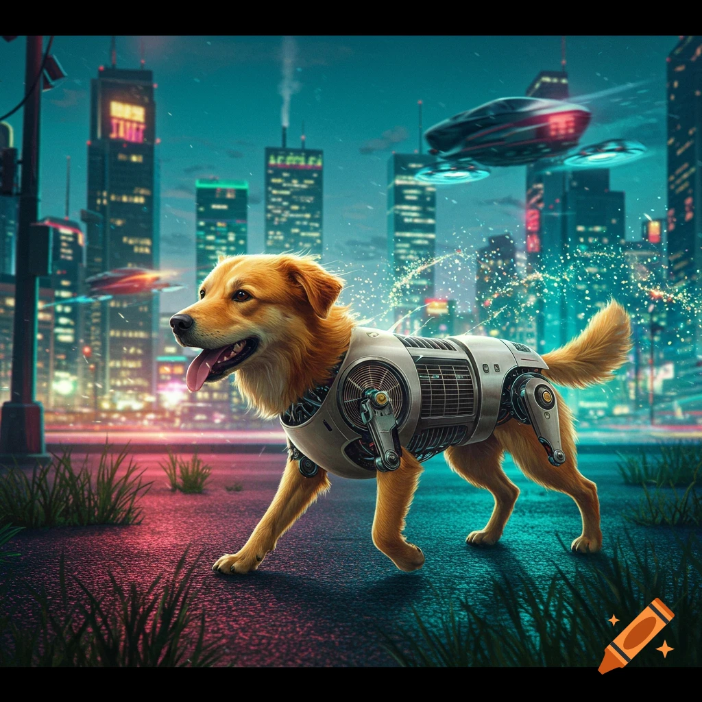 A golden retriever dog with a metallic, robotic torso walks on a street in a neon-lit futuristic city at night with flying vehicles.