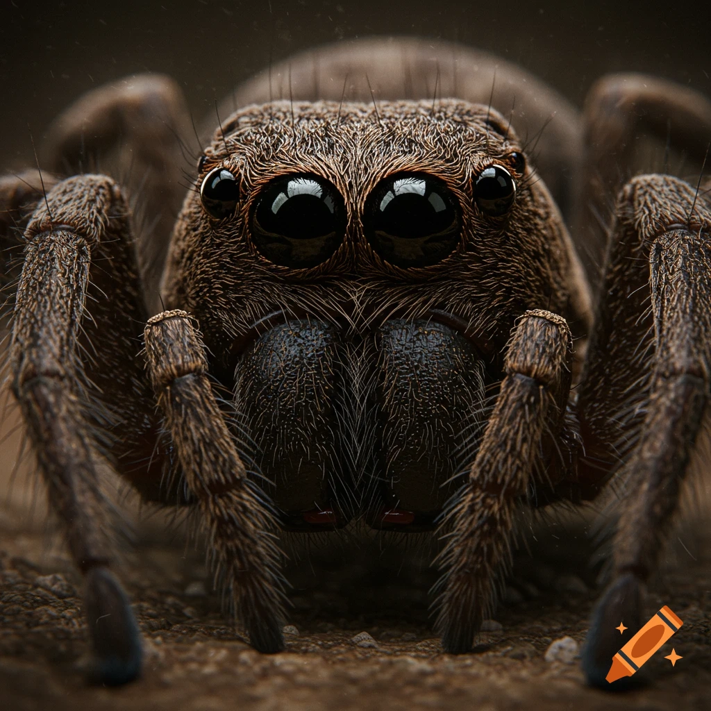 Photorealistic extreme close-up of a spider's hairy face, focusing on its large, black eyes.