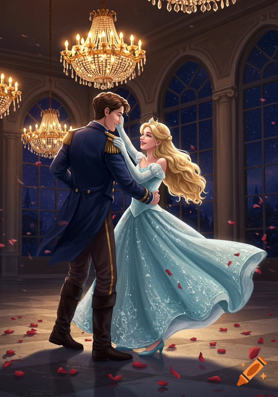 A blonde princess in a pale blue ballgown dances with a brown-haired prince in a grand ballroom with chandeliers.