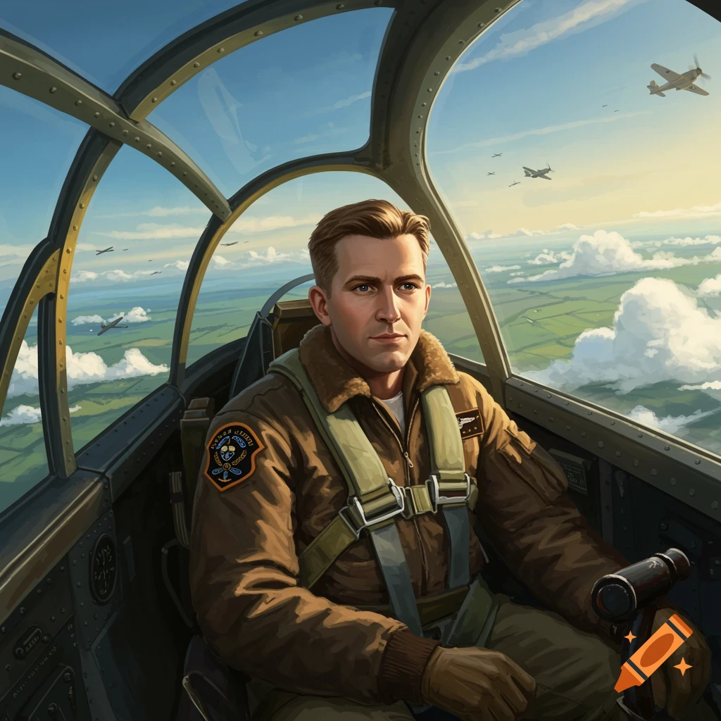 A pilot in a brown flight jacket sits in a cockpit, looking forward. Outside, other planes fly over green fields and clouds.
