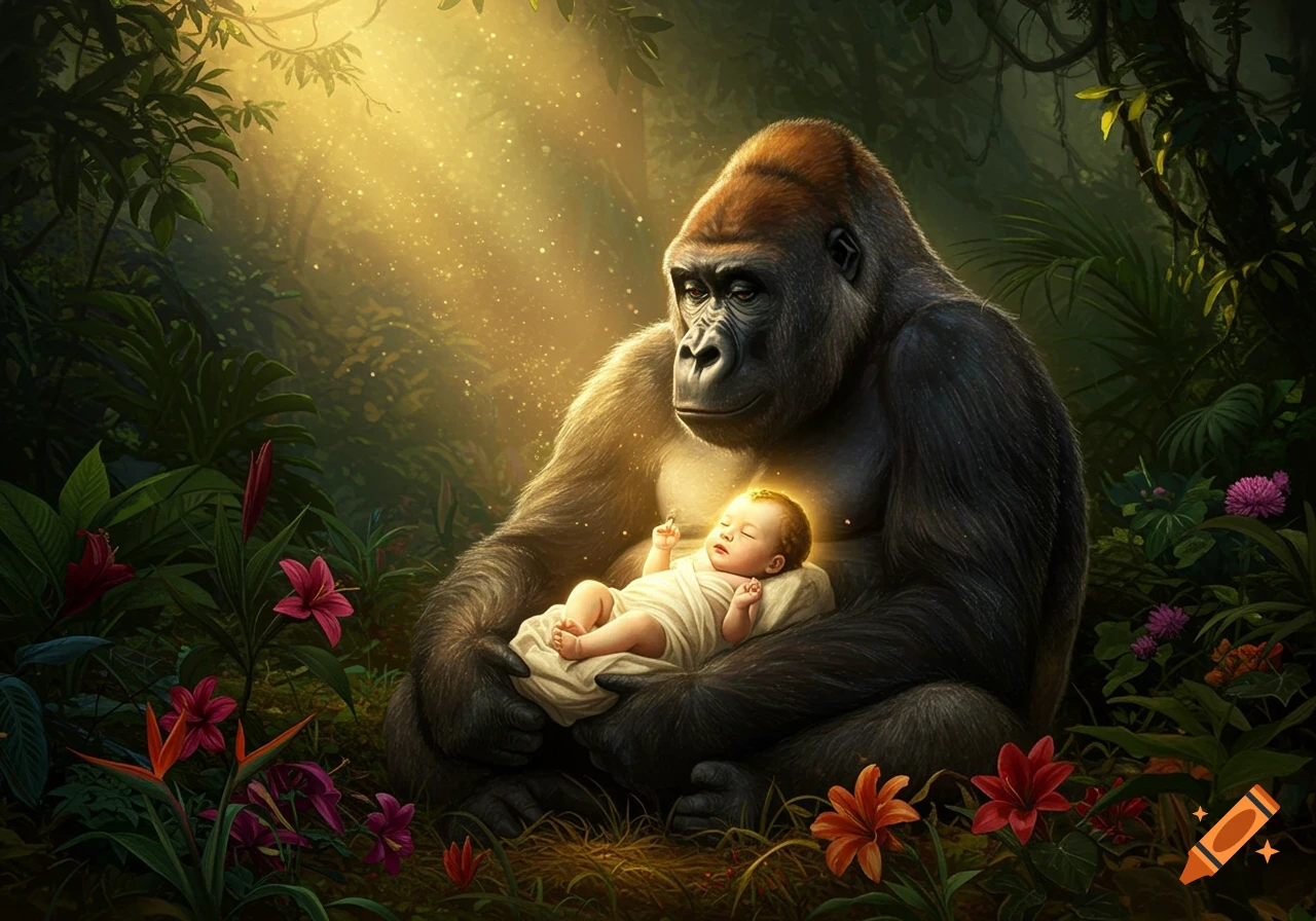 A majestic gorilla gently cradles a glowing baby in a lush, sunlit jungle, depicting a fantastical scene.