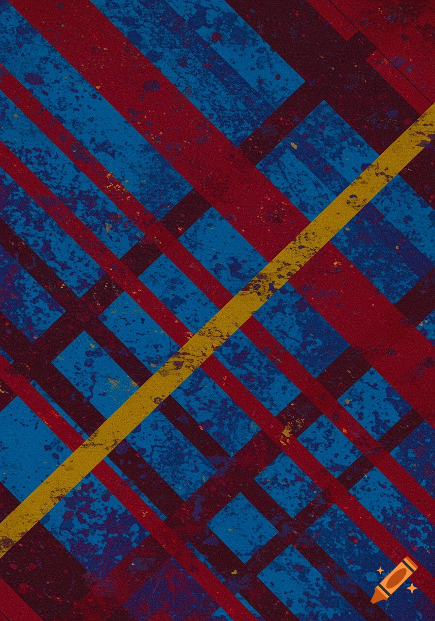 An abstract background with intersecting diagonal blue and red lines and a prominent yellow diagonal stripe, all with a degraded, grainy texture.