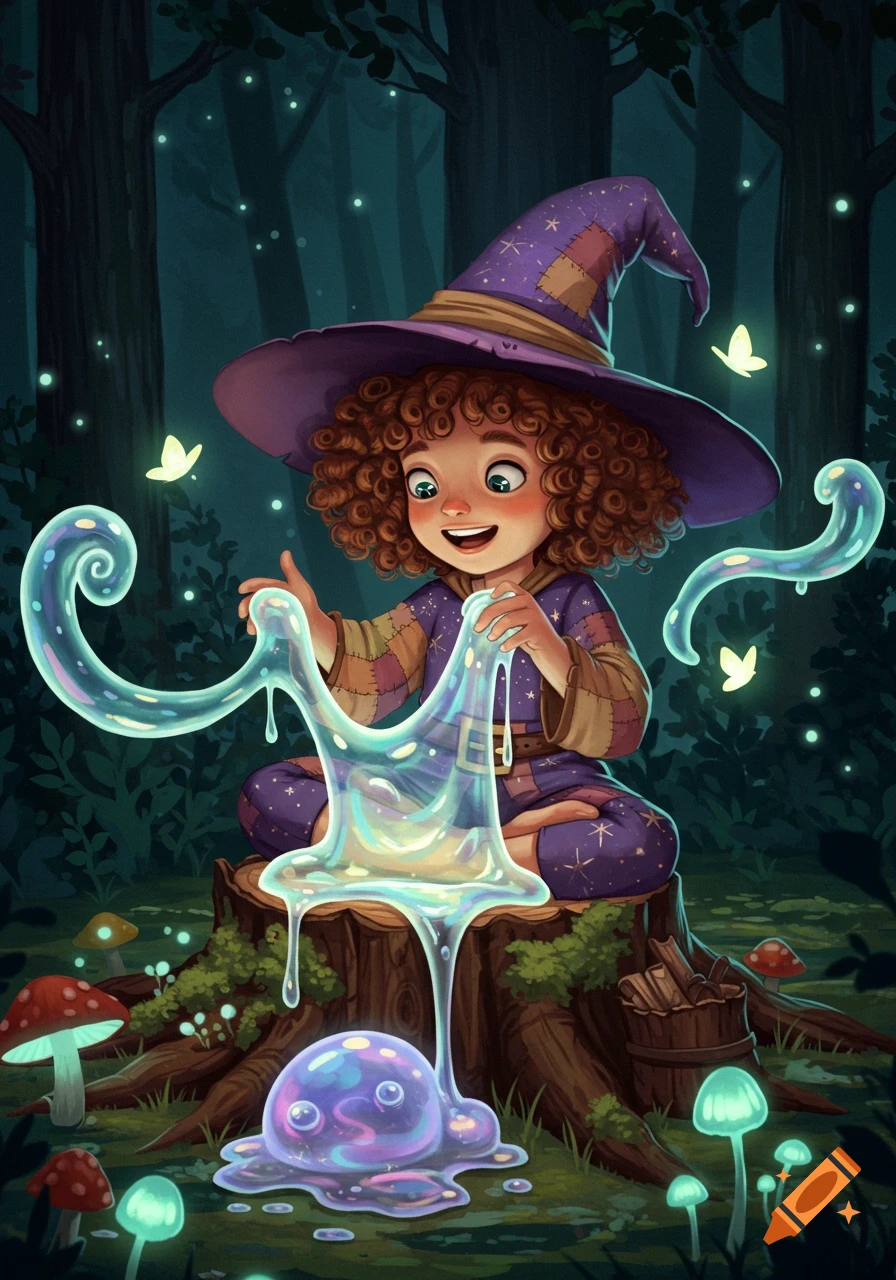 A happy, curly-haired child witch in a purple hat plays with glowing, colorful slime on a tree stump in a magical forest.