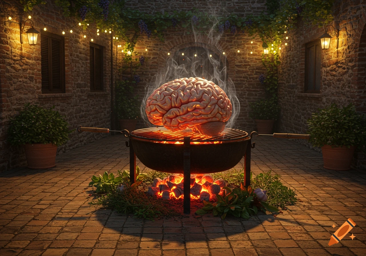 A large human brain cooking on a smoking BBQ grill in an illuminated stone courtyard at night.