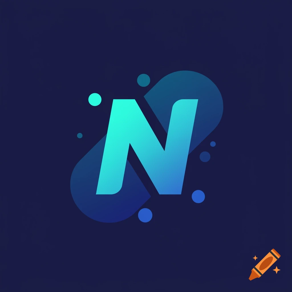 A stylish capital letter 'N' with a blue and teal gradient, surrounded by abstract blue shapes and circles on a dark background.