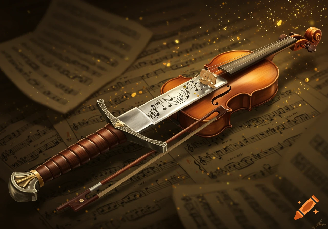 A fantasy artwork depicting a violin with a sword blade as its body, adorned with musical notes, lying on sheet music with a bow.