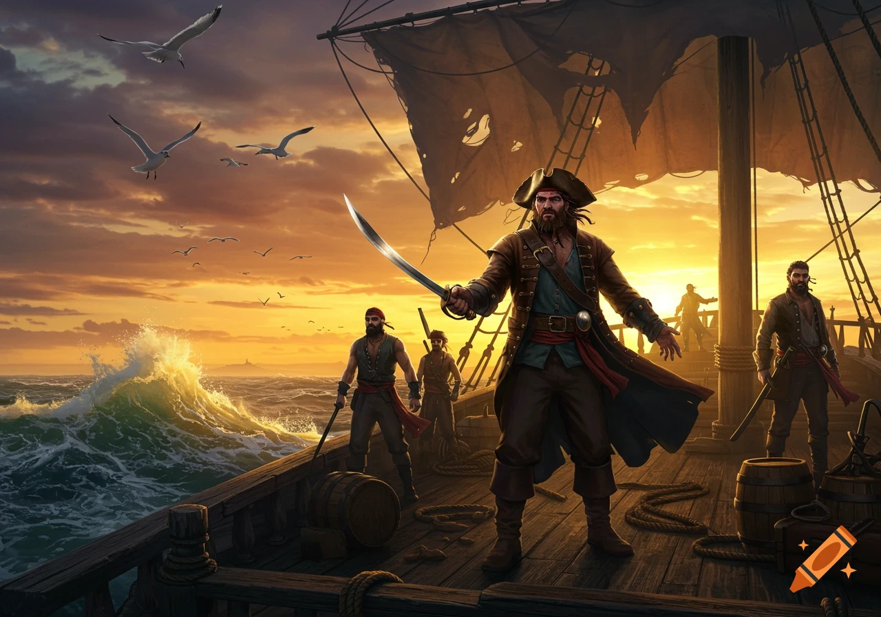 Pirates on a ship at a golden sunset, one holding a cutlass, with seagulls and choppy waves.