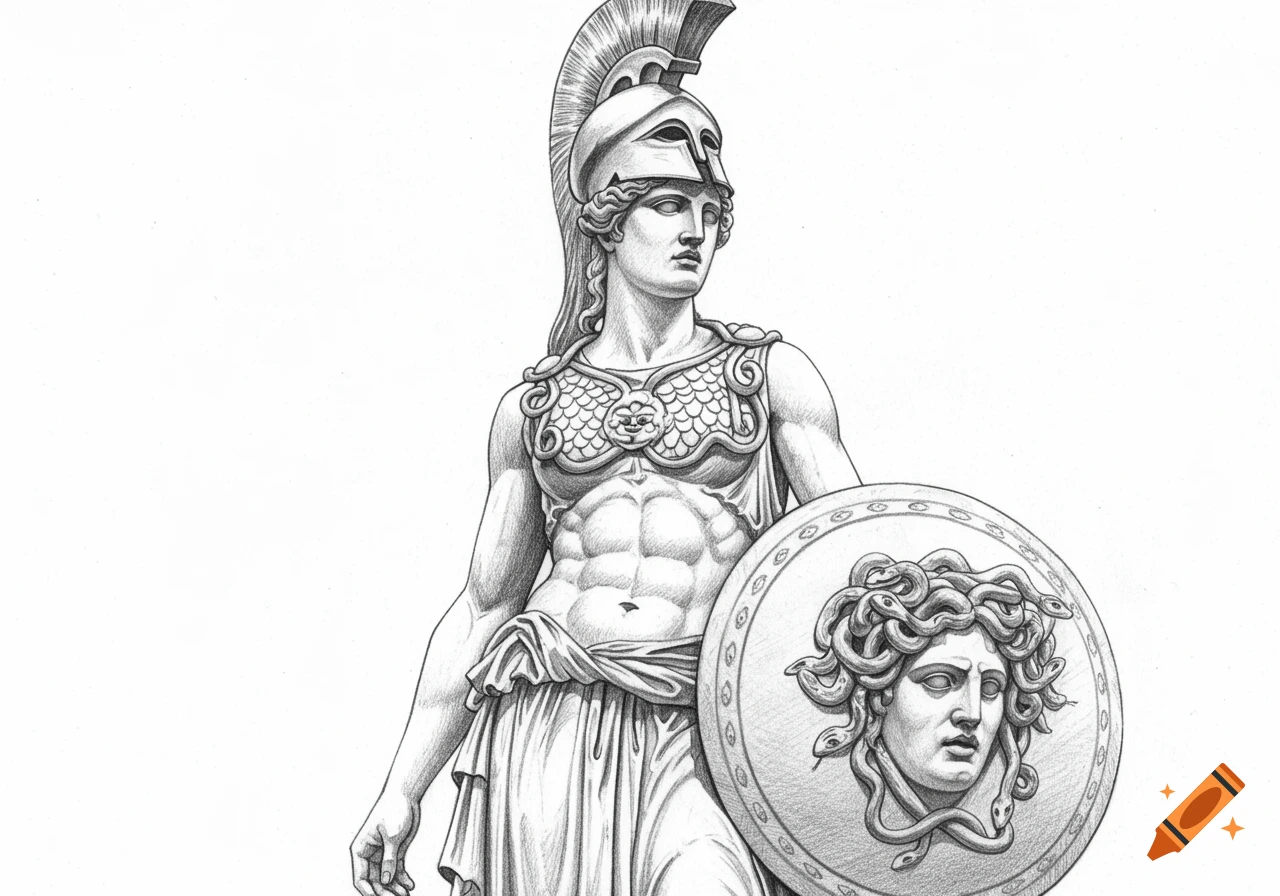 Black and white sketch of a classical statue of Athena, wearing a helmet and armor, holding a shield featuring Medusa's head.