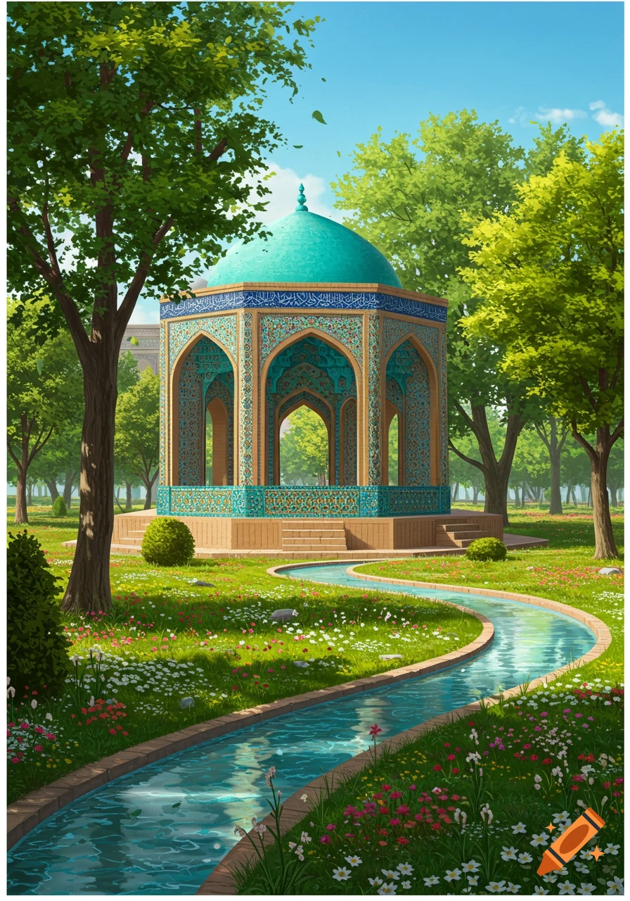 A beautiful lush green garden with a winding stream leading to an ornate domed gazebo with intricate blue and gold patterns, under a clear blue sky.
