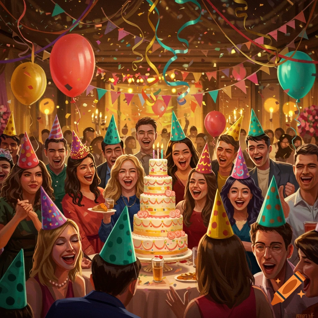 A vibrant illustration of many cheerful people wearing party hats, gathered around a large birthday cake, celebrating in a decorated room.