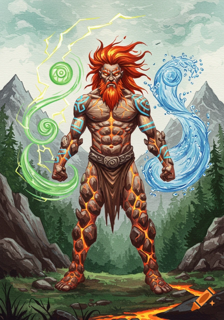 Watercolor illustration of a fierce, muscled elemental barbarian with fiery hair and lava skin, wielding green energy and water streams in a mountain forest.