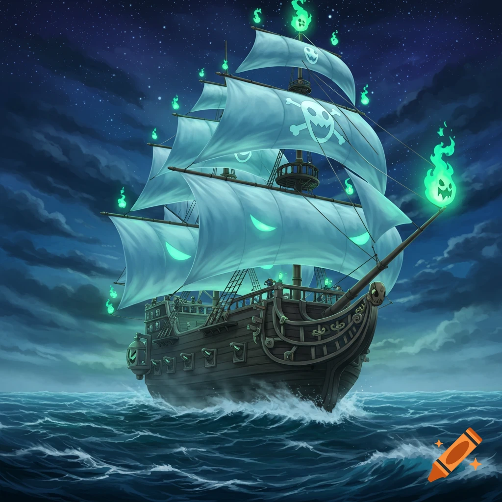 A stylized ghost pirate ship with glowing green eyes on sails and green flame spirits sails on a dark, choppy sea at night.