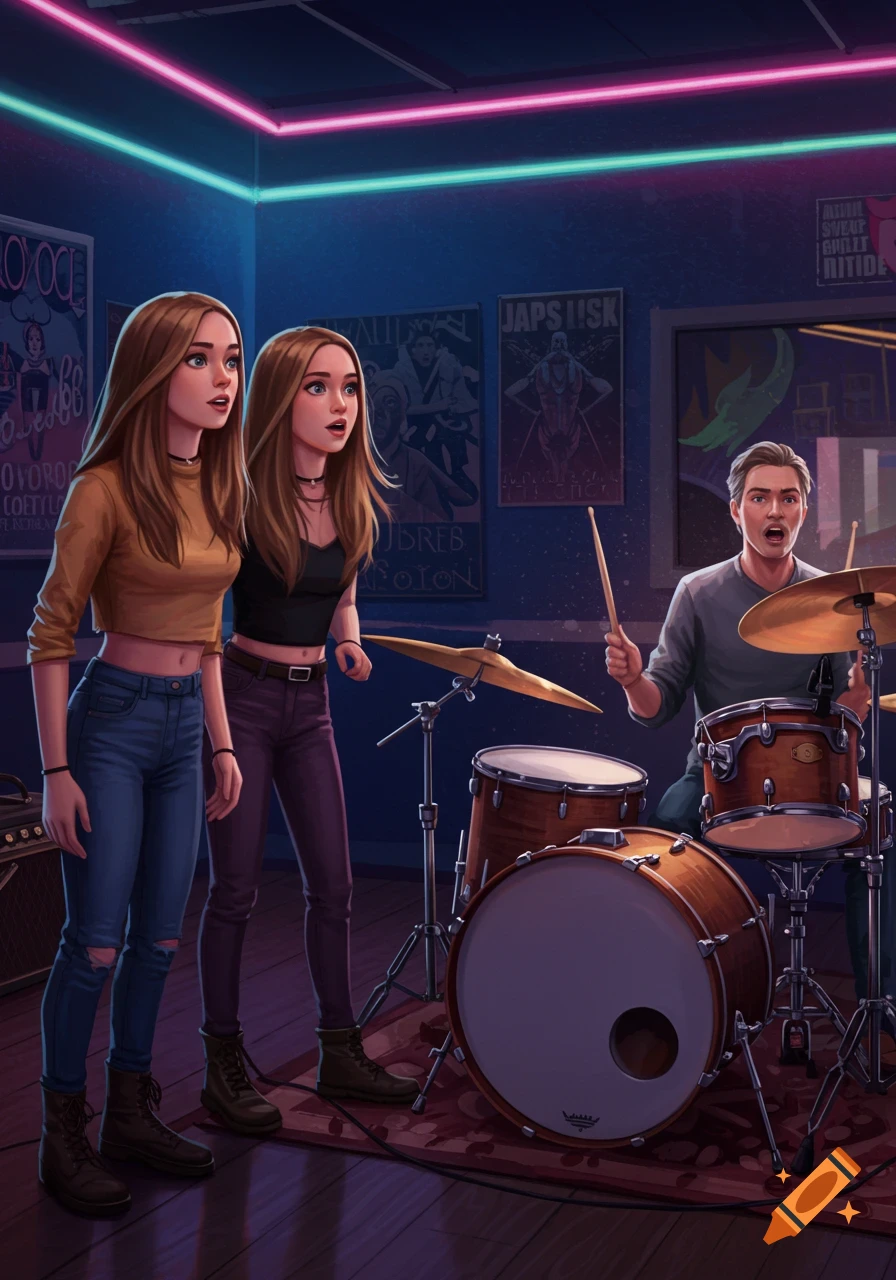 An illustrated scene of two teen girls watching a man play drums in a music room with neon lights.