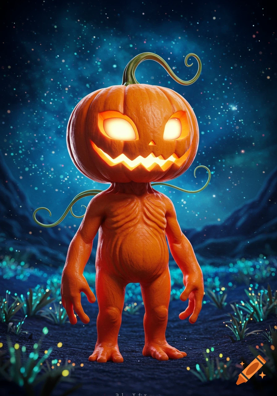 A whimsical 3D render of an orange pumpkin-headed creature with glowing eyes stands in a magical, starry night landscape.
