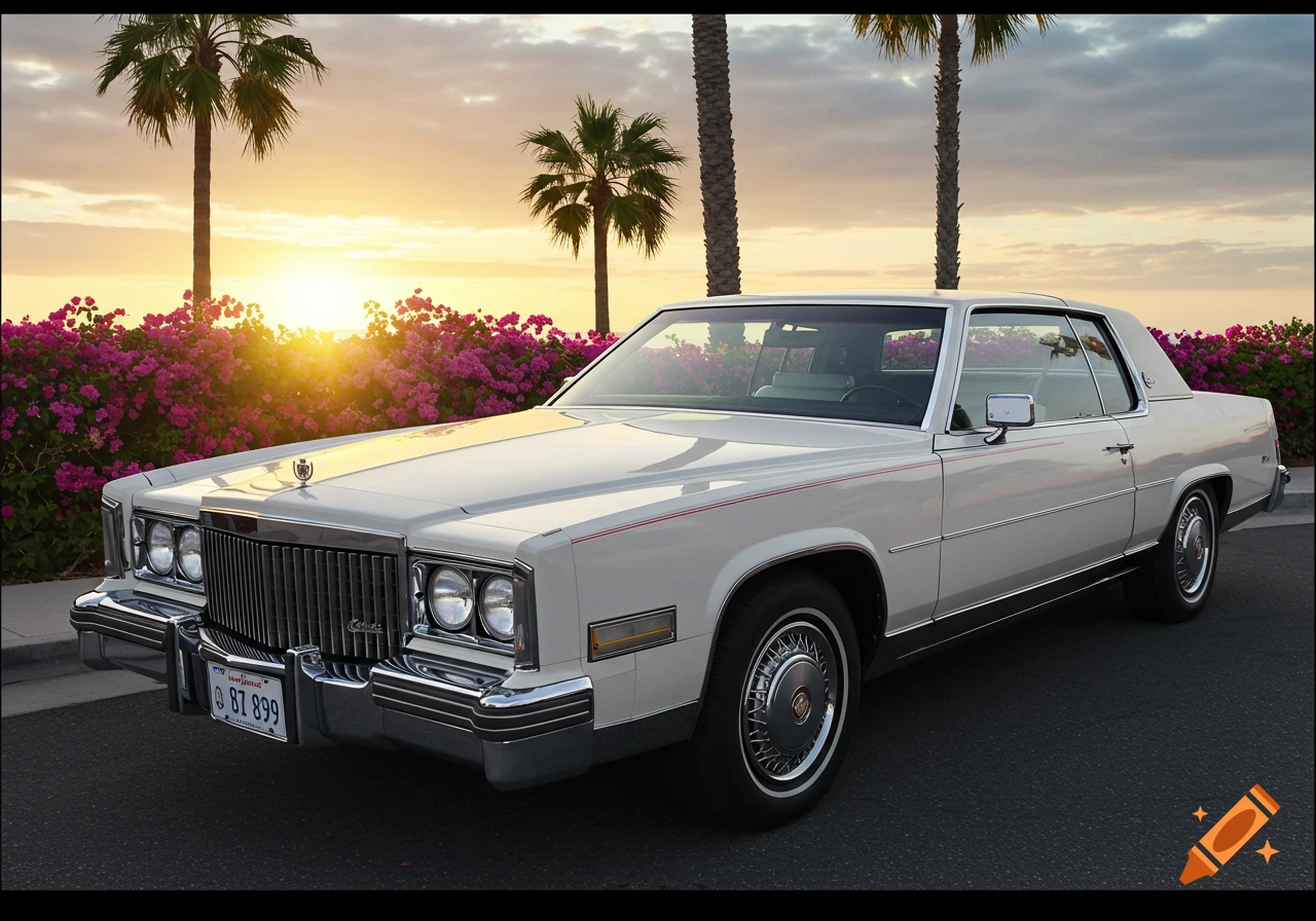 A white vintage Cadillac Eldorado parked on a street with palm trees and pink flowers during sunset.