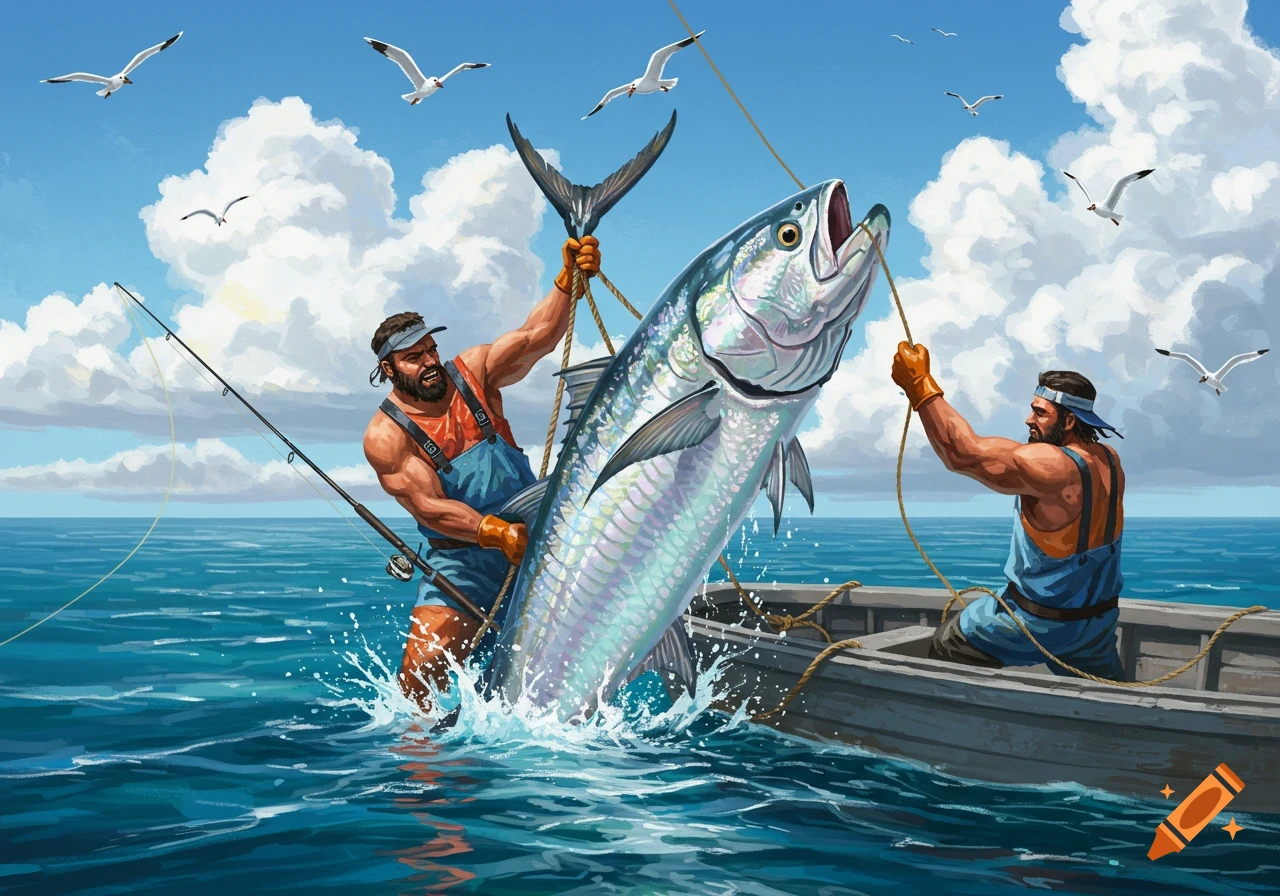 Two muscular fishermen struggle to pull a giant fish from the ocean, with seagulls flying above under a blue sky.