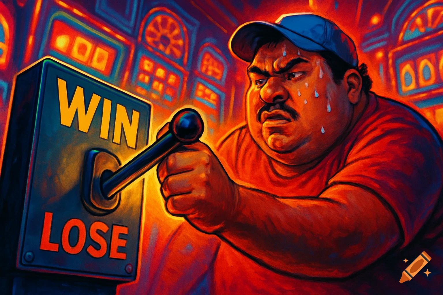 A sweaty man intensely pulls a large lever labeled 'LOSE' and 'WIN', with slot machine lights in the vibrant, stylized background.
