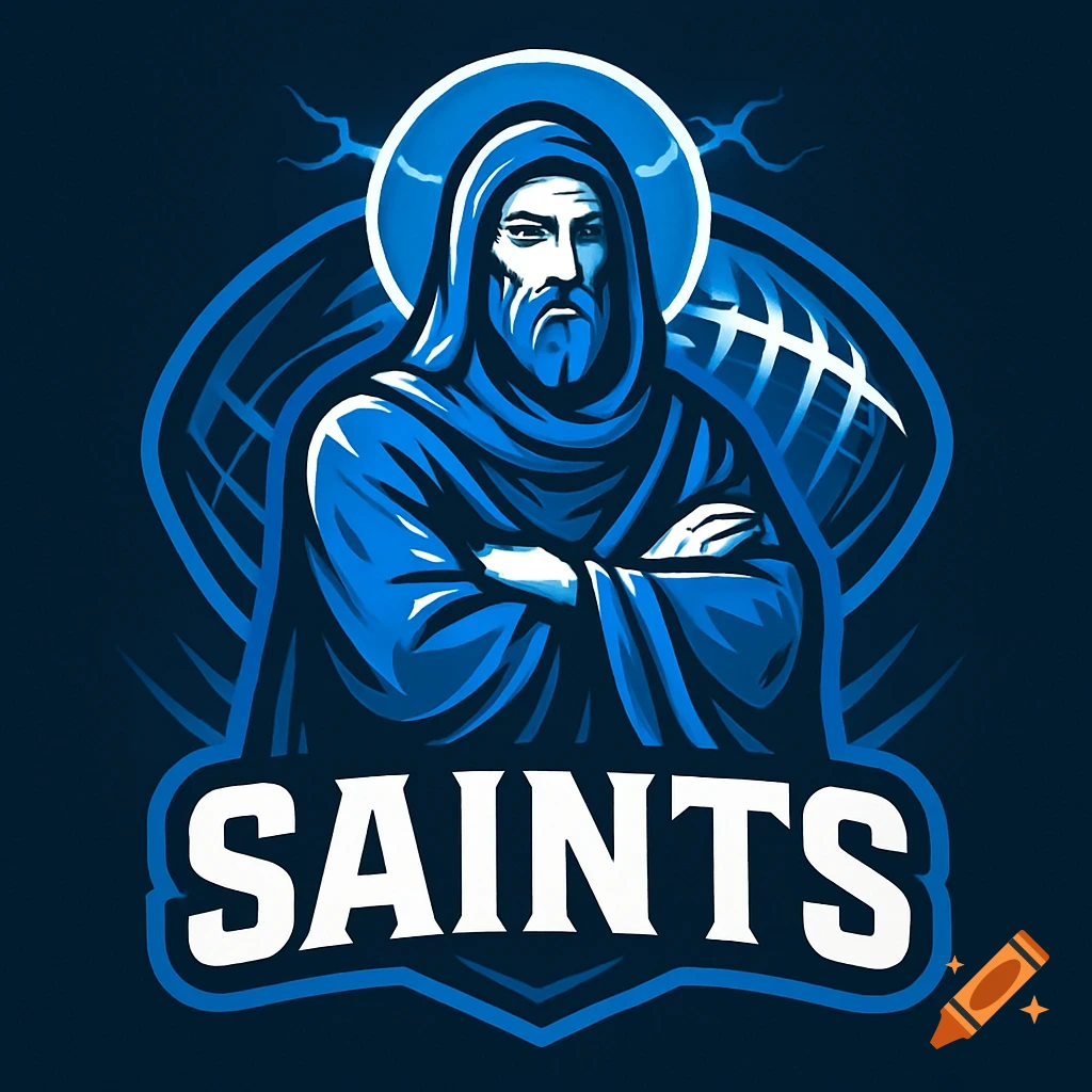 A blue and white stylized logo featuring a robed saint with a halo and crossed arms, with 'SAINTS' text below.