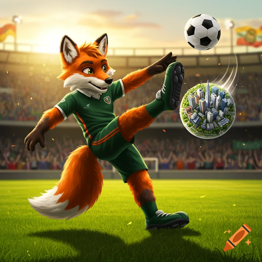 A cartoon fox mascot in a green soccer uniform kicks a ball containing a tiny city in a stadium at sunset.