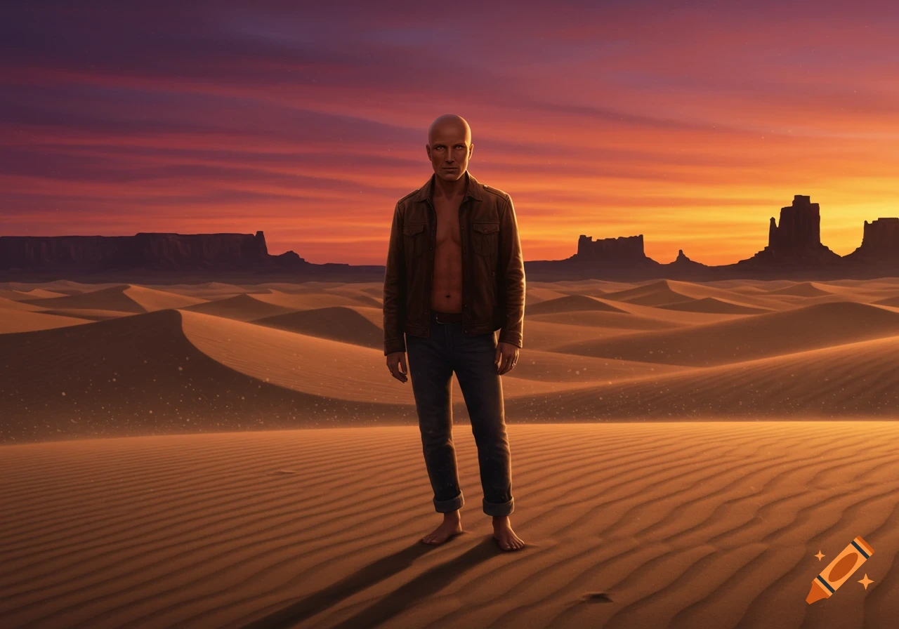 Bald man in an open jacket and jeans stands barefoot in a vast desert of sand dunes and mesas under a vibrant sunset. Photorealistic.