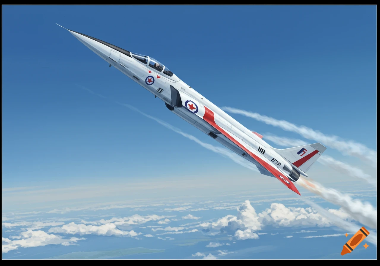 A sleek white Avro Arrow-like jet with red stripes and roundels climbs in a blue sky above clouds.
