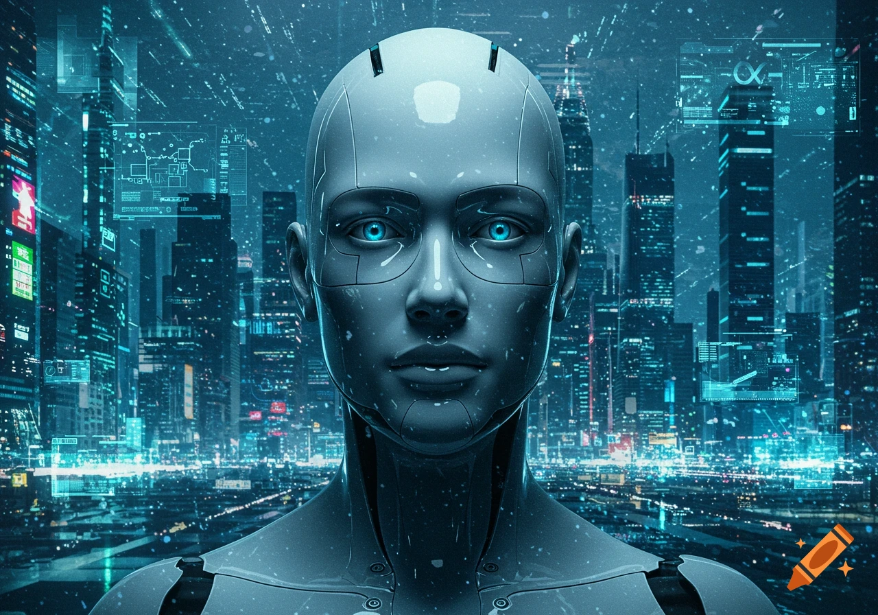 A photorealistic close-up of a futuristic robot's head with glowing blue eyes against a neon-lit cyberpunk city.