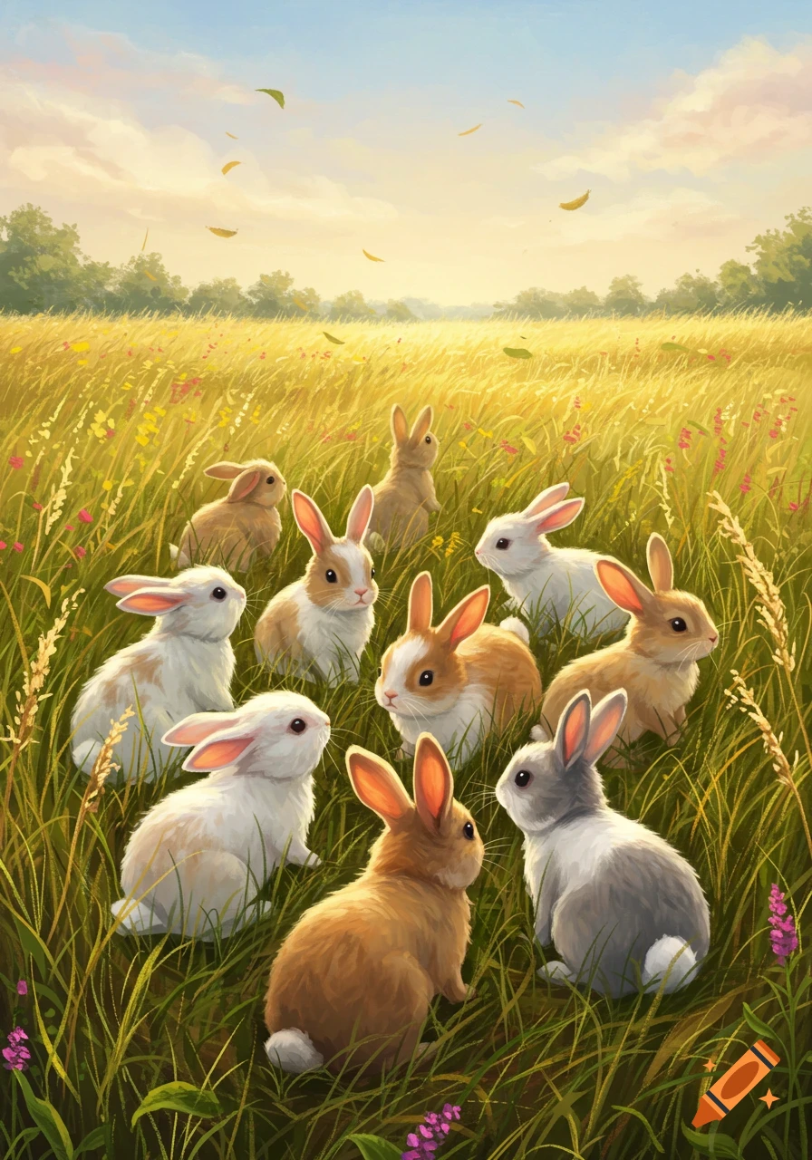 Eleven small, brown and white bunnies frolicking in a sunlit field of tall golden grass with scattered pink and yellow flowers under a blue sky.