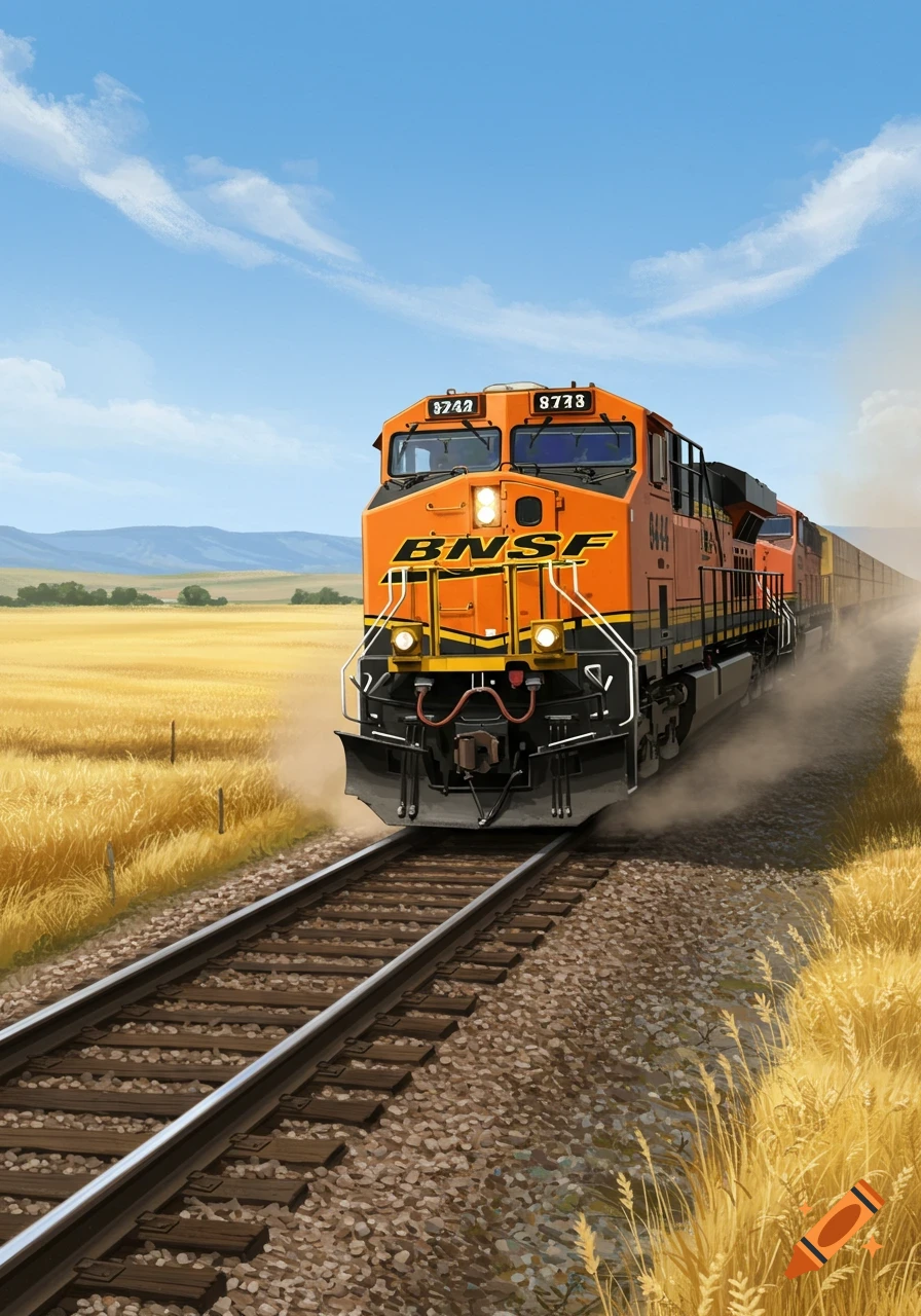 An orange BNSF train with numbers 8744 and 8773 on the front travels through a golden field under a blue sky, viewed from a low angle along the tracks.