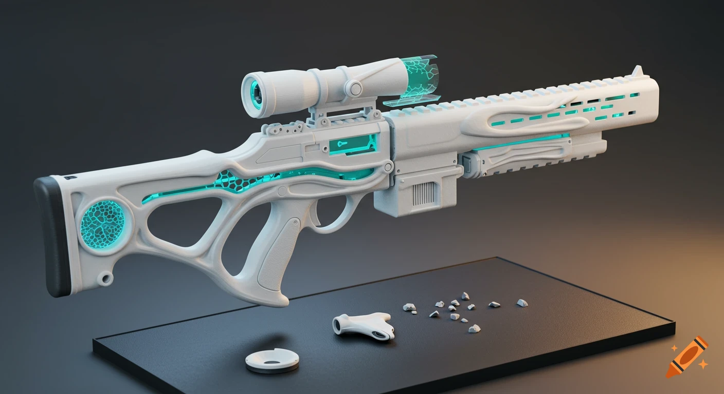 A white futuristic laser rifle with glowing teal internal structures and a scope, rendered in 3D on a dark surface.