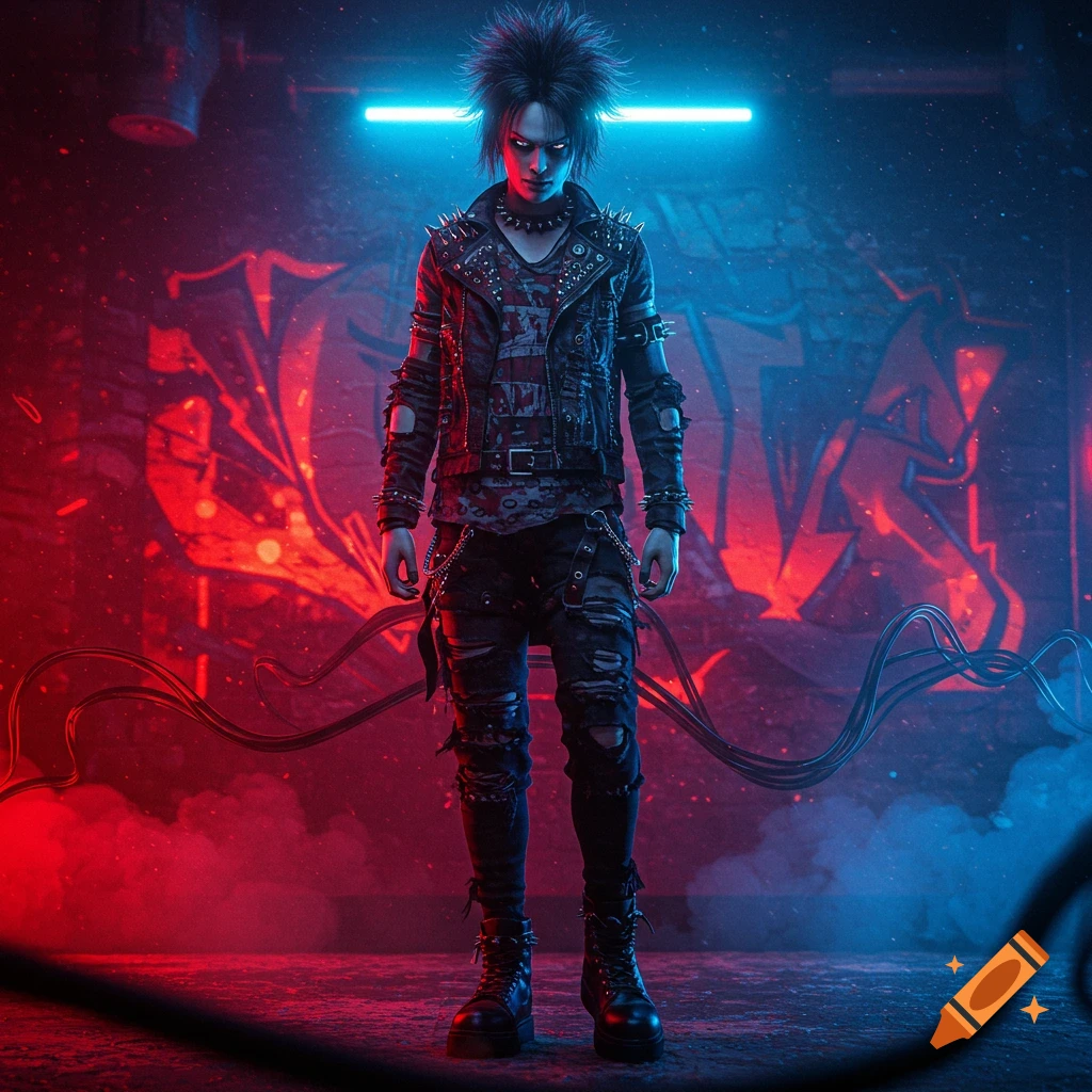 Full-body view of an edgy character with spiky hair, glowing eyes, and a studded jacket in a dark, neon-lit urban setting with graffiti.