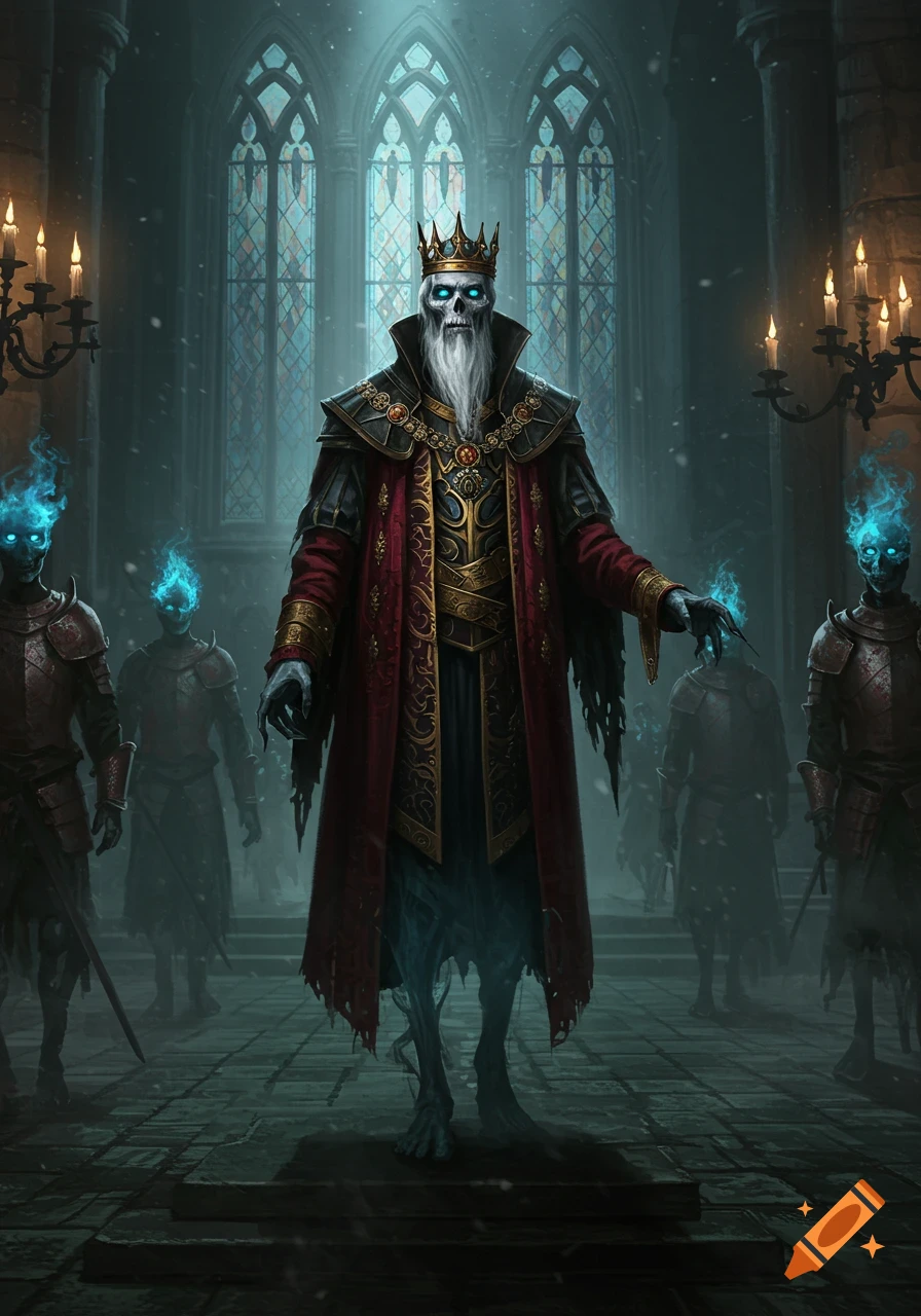 A skeletal king in a red and gold robe stands among blue-glowing skeleton guards in a dark gothic castle hall, illuminated by faint light.