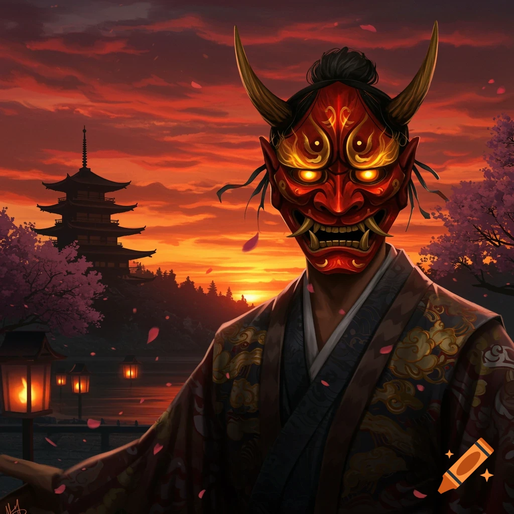 A person wearing a red Japanese Oni mask with glowing eyes, set against a vibrant sunset sky with a pagoda and cherry blossom trees.