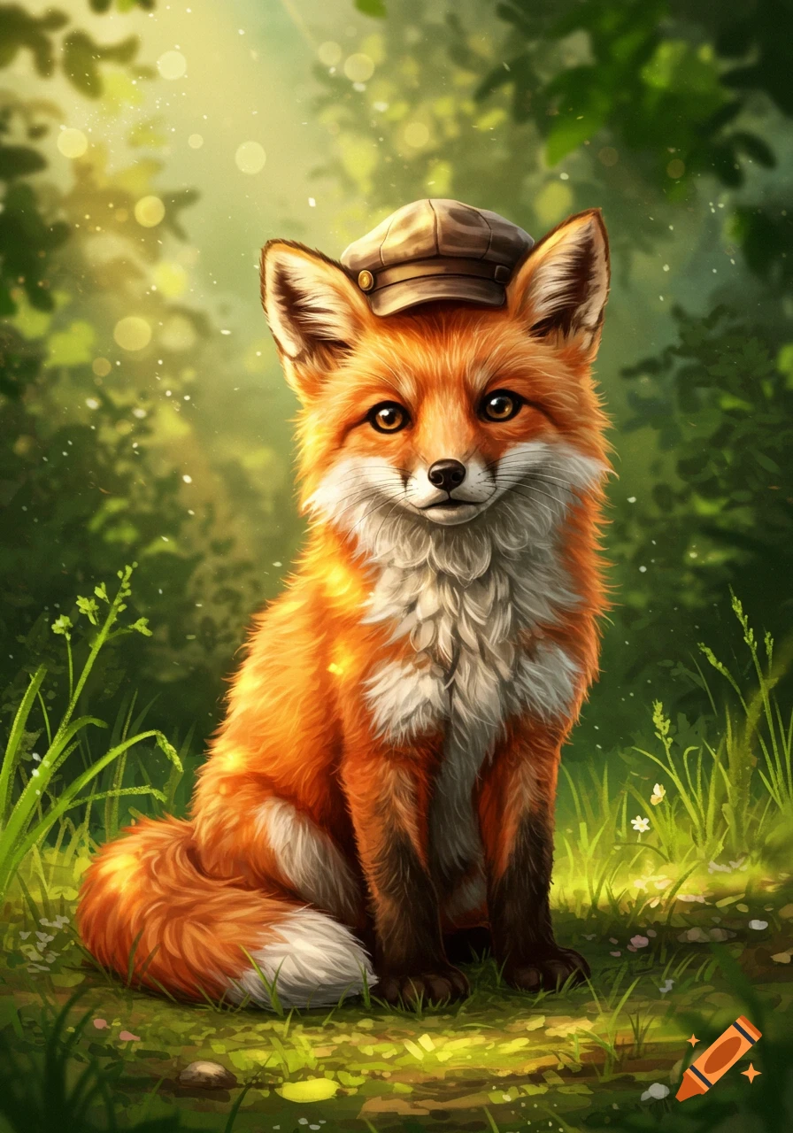 A cute red fox wearing a brown cap sits in a lush green forest with dappled sunlight.