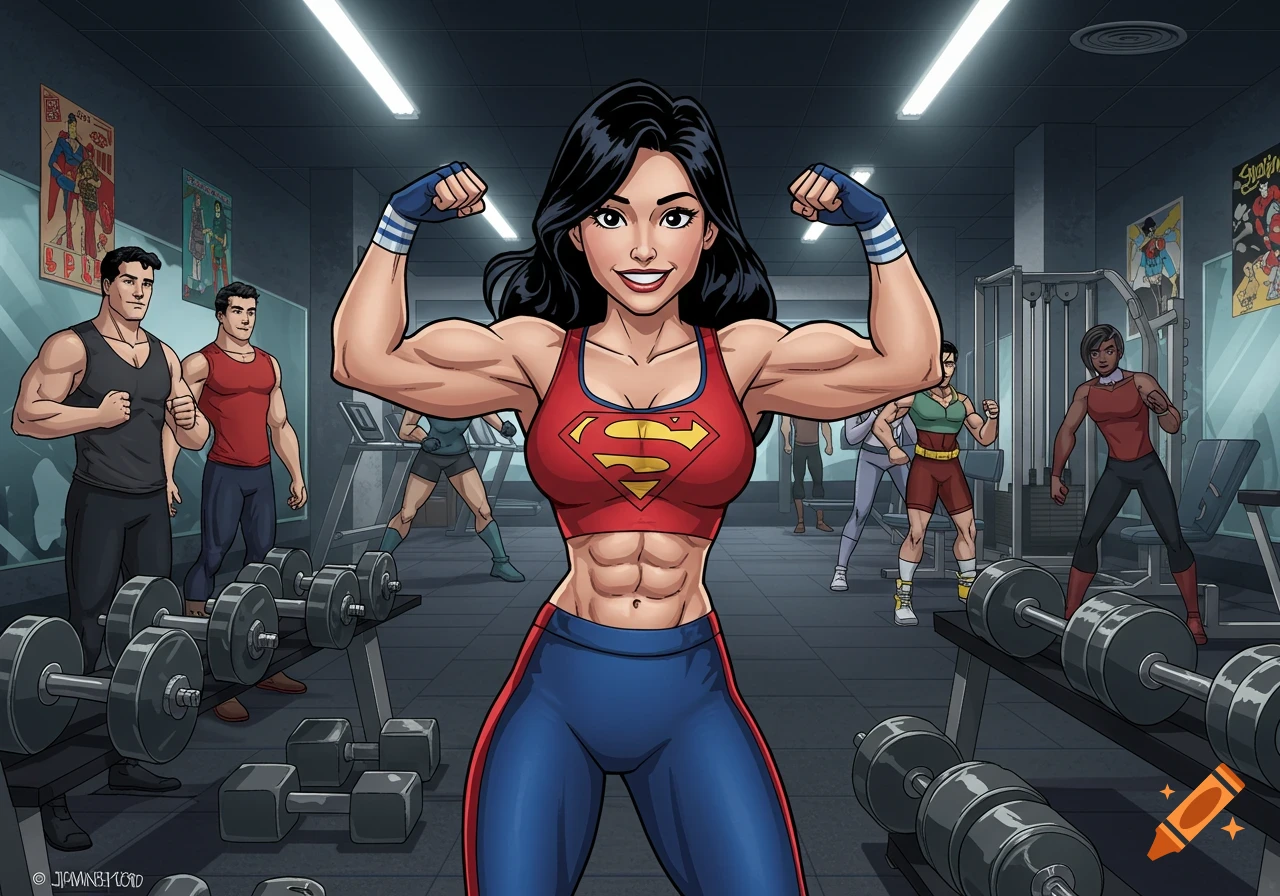 Cartoon of a muscular woman with black hair in a red Superman-like top and blue pants flexing her biceps in a gym.