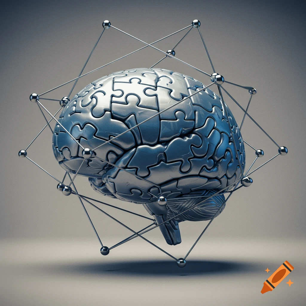 A 3D rendering of a metallic brain made of puzzle pieces, surrounded by an intricate tensegrity structure.