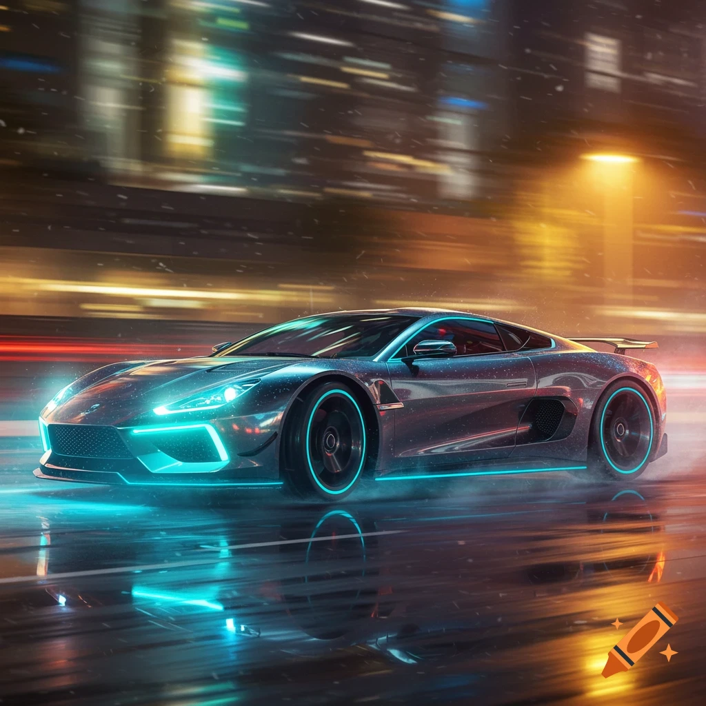 A sleek, dark futuristic sports car with glowing blue neon accents speeds down a wet city street at night, with blurred city lights in the background.