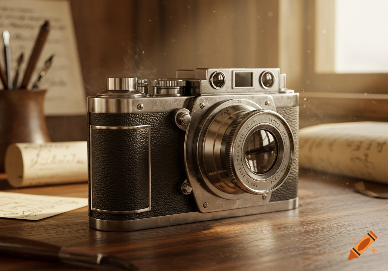 A detailed vintage camera with a black leather body and silver metallic parts sits on a wooden desk with old papers and writing tools in a photorealistic style.