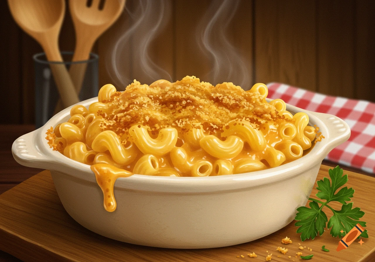 A steaming bowl of baked mac and cheese with a breadcrumb topping, on a wooden surface with a checkered napkin and wooden utensils in the background.