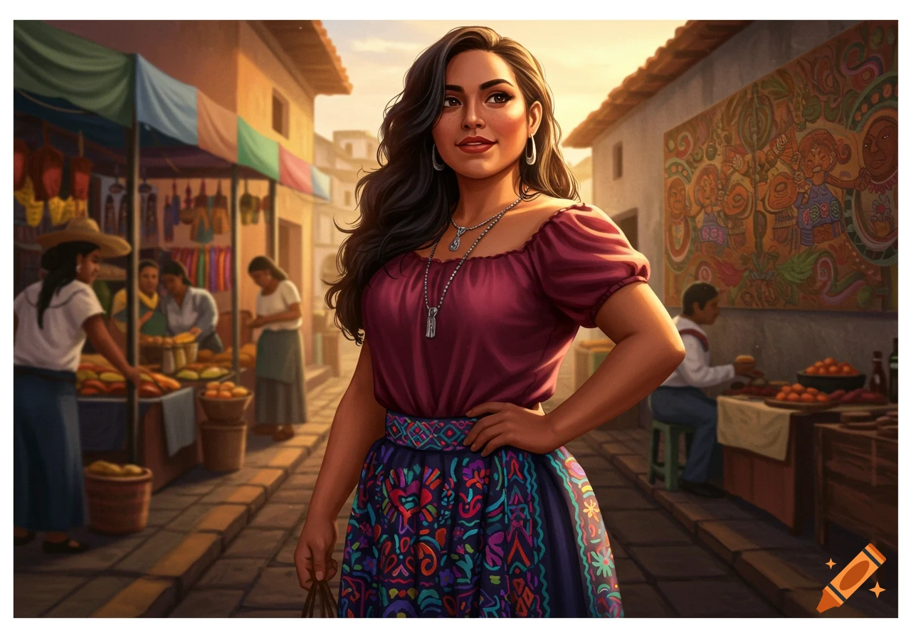 A Latina woman with long dark hair stands in a vibrant outdoor market with vendors and a mural in the background, in an illustration style.