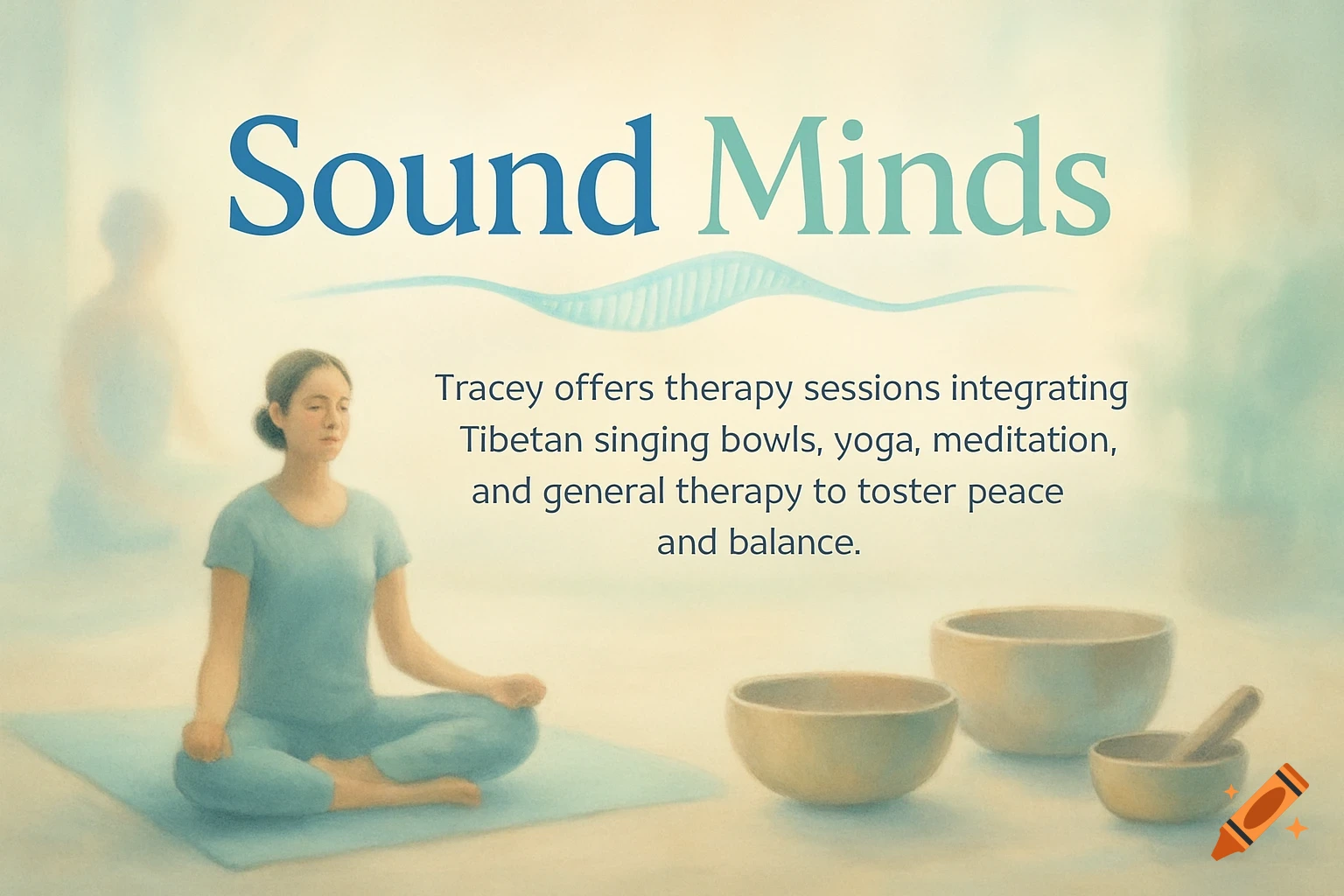 A woman meditating on a mat with Tibetan singing bowls beside her. Text reads 'Sound Minds' with therapy service details.